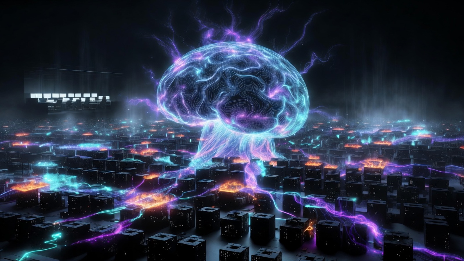 Glowing autonomous AI neural network breaching a vast server and cloud infrastructure in a dark cyberpunk landscape, with an empty security operations center visible in the background, representing agentic cyber attacks and the removal of the human operator from the loop.