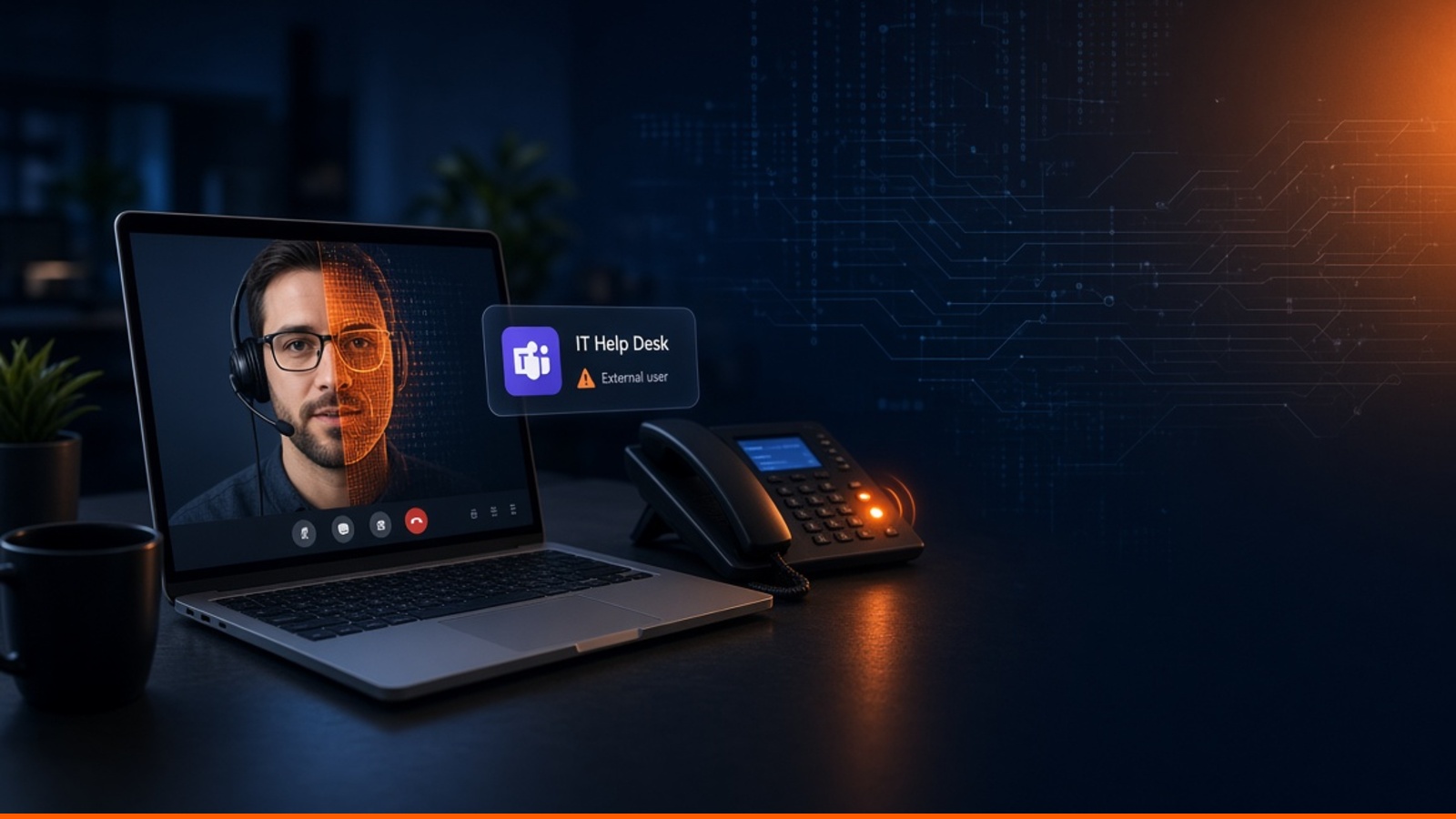 Fake IT help desk on a Microsoft Teams call — half the caller’s face is a digital mask, with an “IT Help Desk / External user” warning and a ringing office phone.