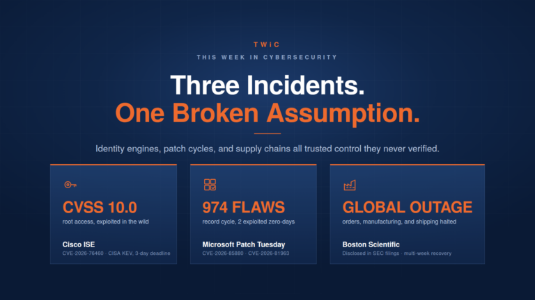 This Week in Cybersecurity header graphic reading "Three Incidents. One Broken Assumption." with three cards: Cisco ISE zero-day rated CVSS 10.0 granting root access and exploited in the wild (CVE-2026-76460), Microsoft Patch Tuesday fixing a record 974 flaws including two exploited zero-days, and a Boston Scientific cyberattack causing a global outage of orders, manufacturing, and shipping.