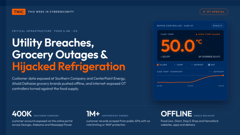This Week in Cybersecurity OT Special graphic on a navy background. The headline reads “Utility Breaches, Grocery Outages & Hijacked Refrigeration.” A refrigeration controller panel shows a case temperature of 50.0°C (122°F) with a high temperature alarm and a trend line climbing overnight to the overridden setpoint. Stats along the bottom: Southern Company, 400K customer accounts exposed via its online portal; CenterPoint Energy, over 1 million customer records scraped from public APIs; Ahold Delhaize, Food Lion, Giant, Stop & Shop and Hannaford websites, apps and delivery offline.